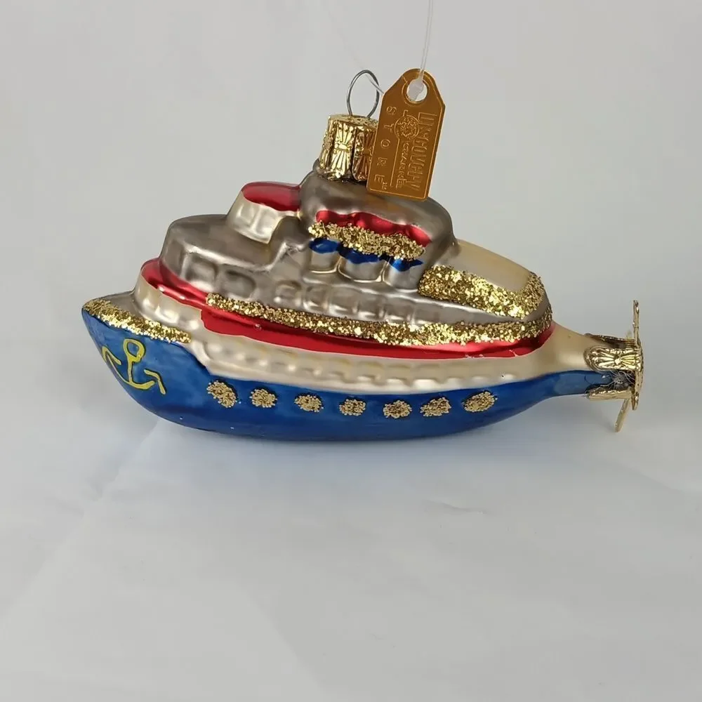 Discovery Channel Blown Glass Ornament Ship Yacht Glitter Christmas Tree Holiday